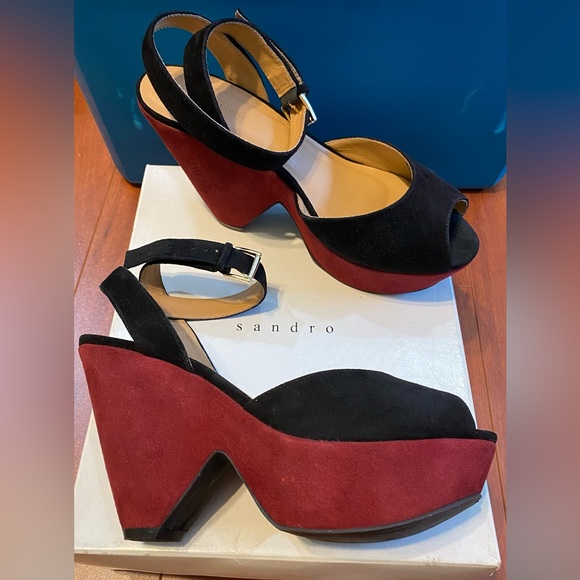 Sandro H12 Abracadabra Suede Platform Colorblock Graphic Ankle Strap Sandals - Picture 11 of 12